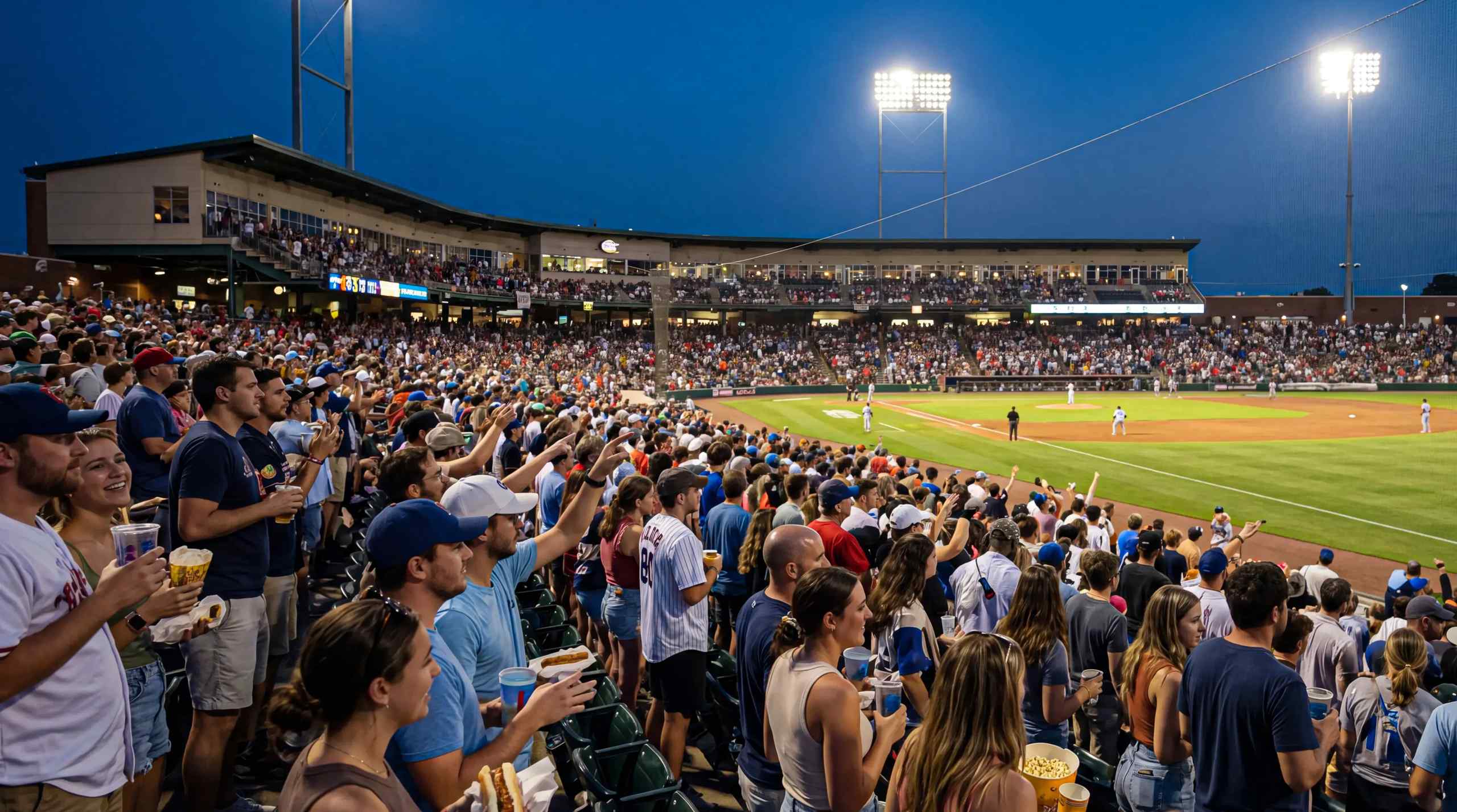 A packed crowd of fans watches a baseball game in the stadium.
